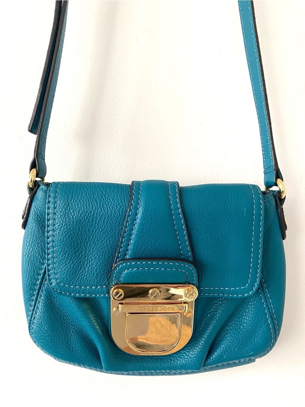 Michael Kors Teal Leather Gold Hardware Mini Crossbody Bag Preppy Vacation